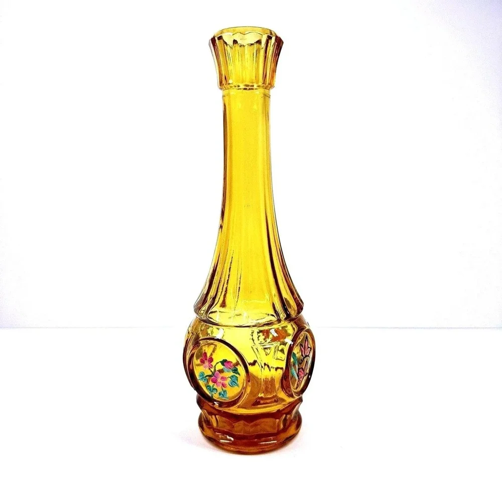 Vintage Amber Glass Bottle Vase Hand Painted Floral Panels Narrow Neck Decor‎