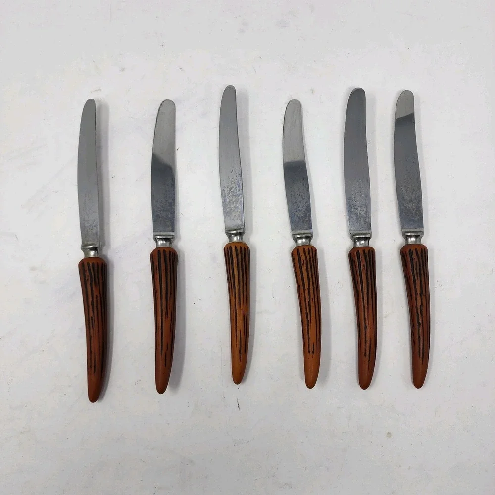 E. Parker‎ & Sons 6 Stainless Knives Sheffield England VTG Bakelite Faux Antler