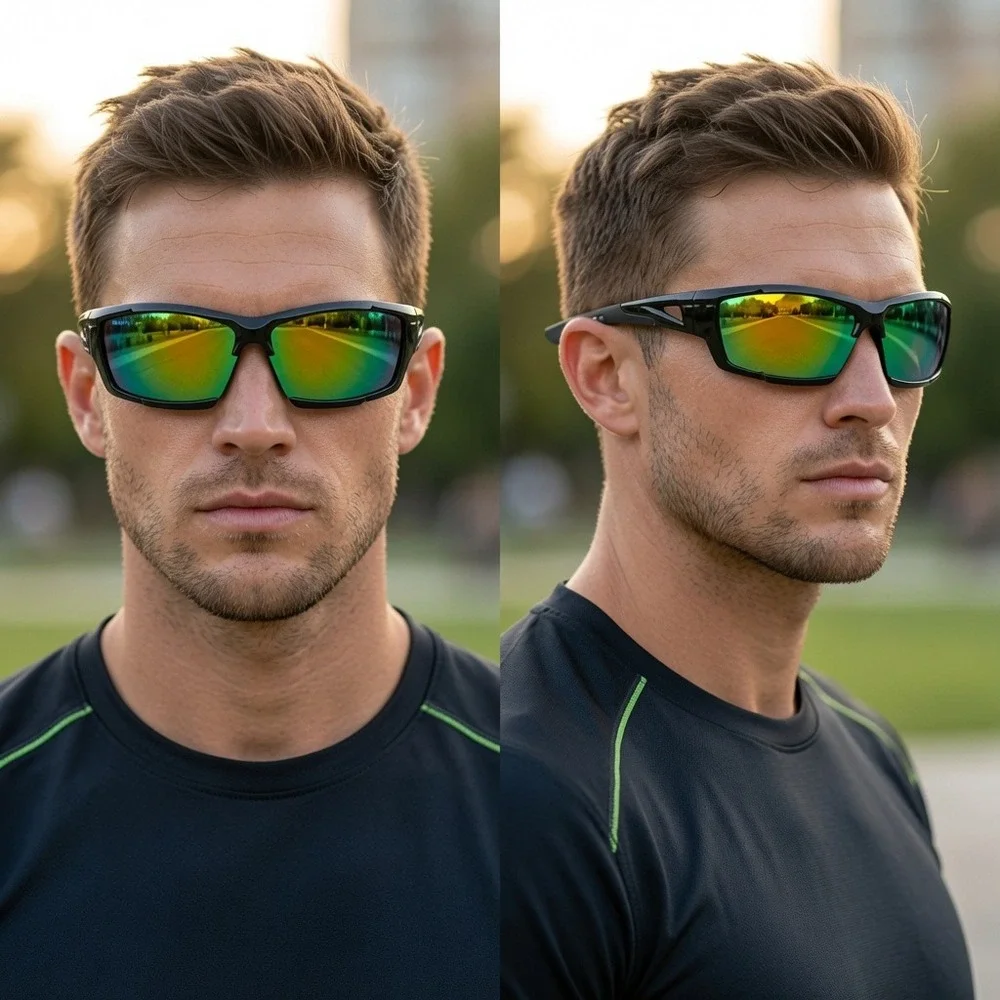Mens Black Wrap Sport Sunglasses Iridescent Orange Mirror Lens Athletic Wear New