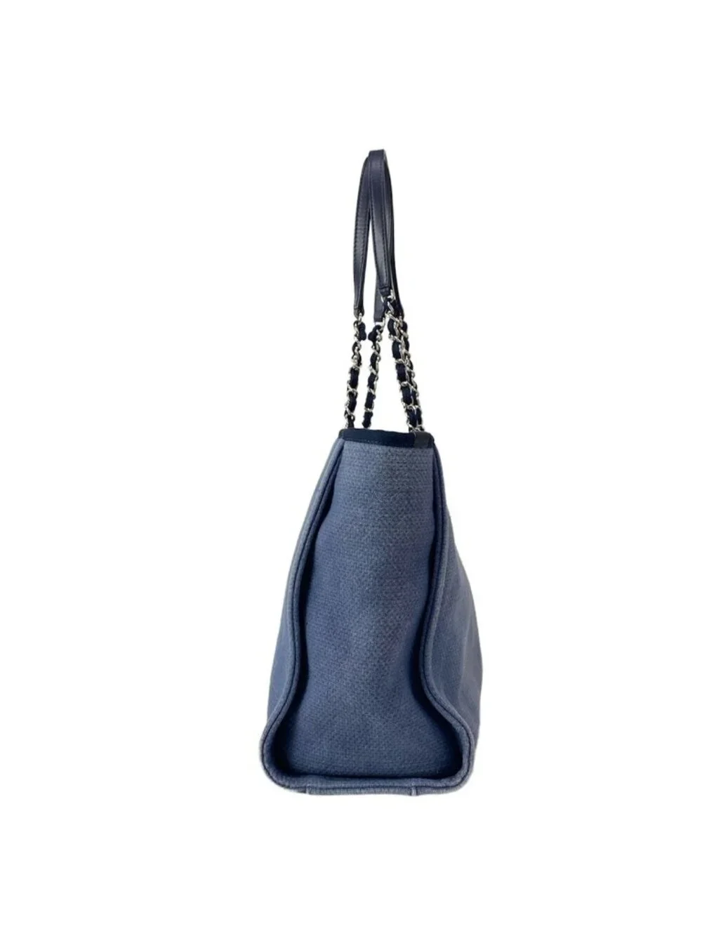 Chanel Tote Bag Deauville Line MM Blue Dark Navy Chain Shoulder Silver Leather