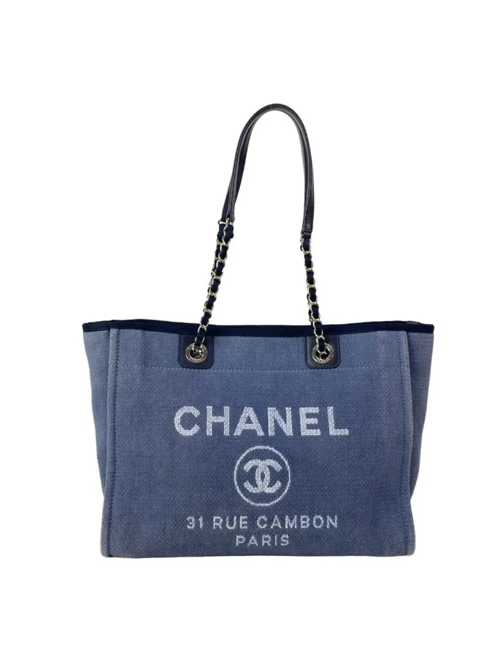 Chanel Tote Bag Deauville Line MM Blue Dark Navy Chain Shoulder Silver Leather