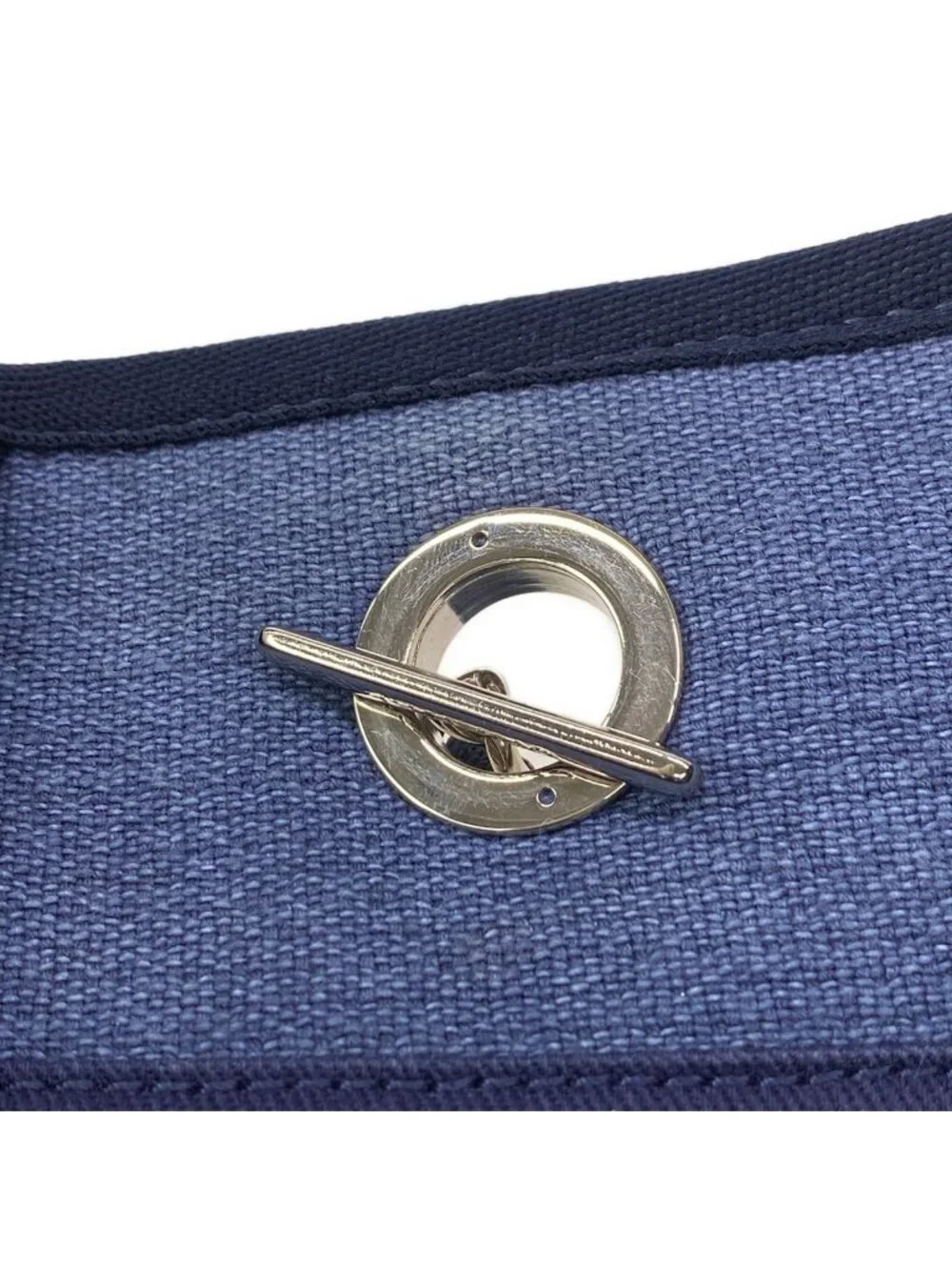 Chanel Tote Bag Deauville Line MM Blue Dark Navy Chain Shoulder Silver Leather