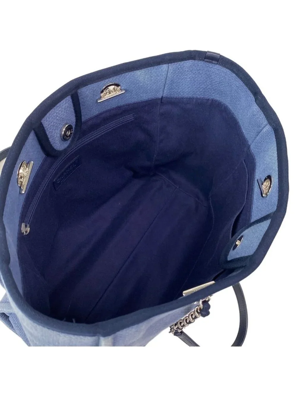 Chanel Tote Bag Deauville Line MM Blue Dark Navy Chain Shoulder Silver Leather