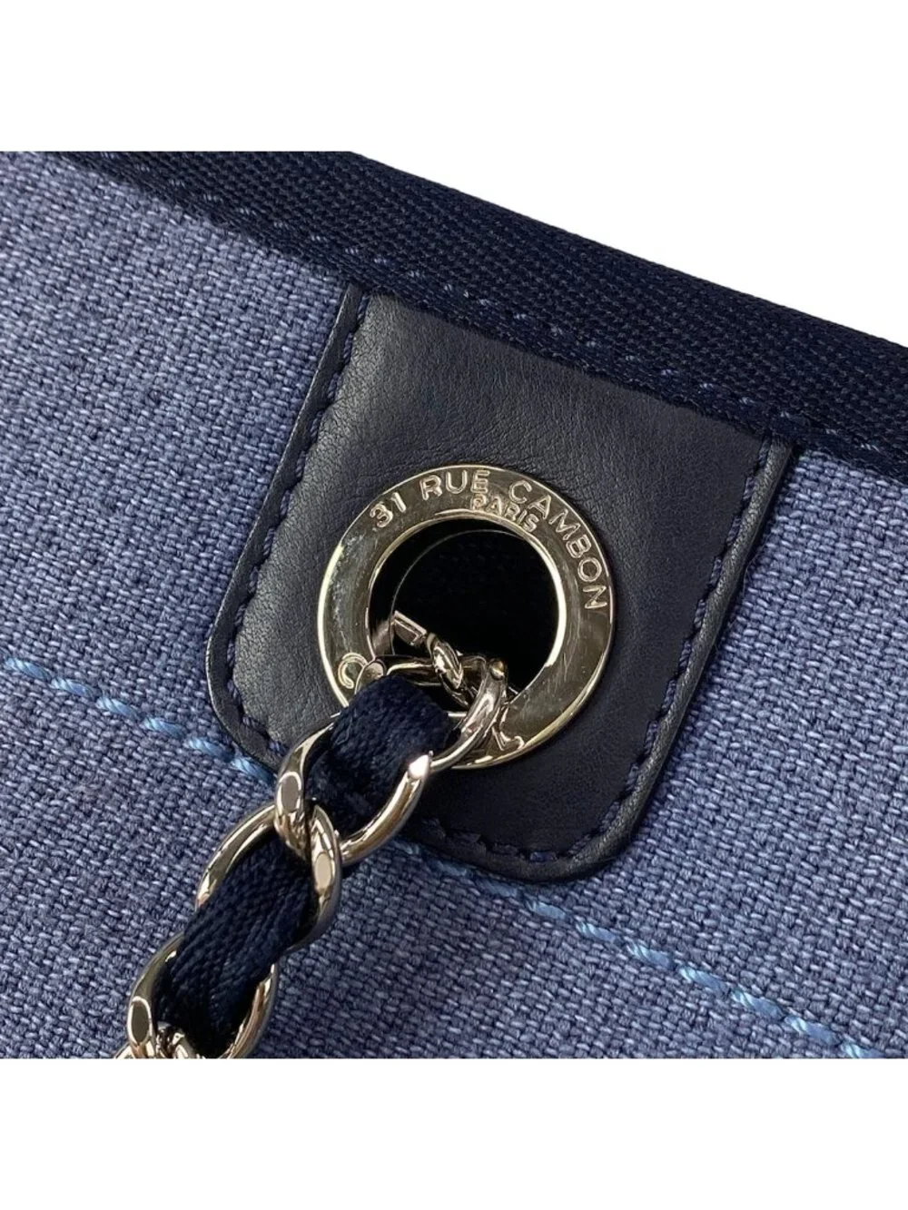 Chanel Tote Bag Deauville Line MM Blue Dark Navy Chain Shoulder Silver Leather