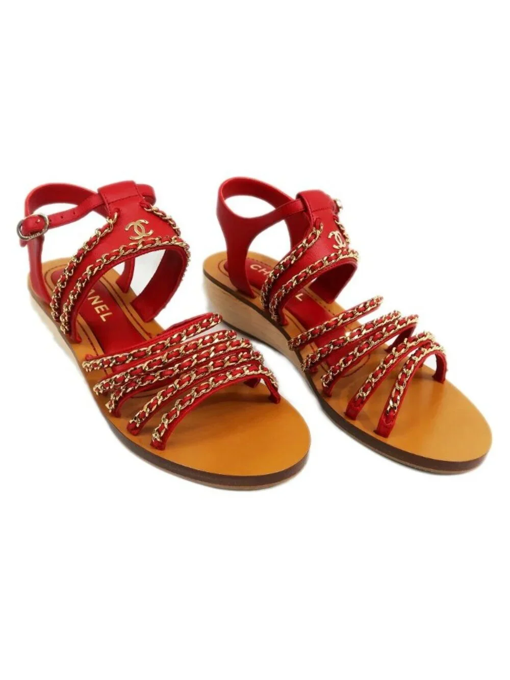 Chanel CC Logo Chain Sandals 38C Brown Red Shoes