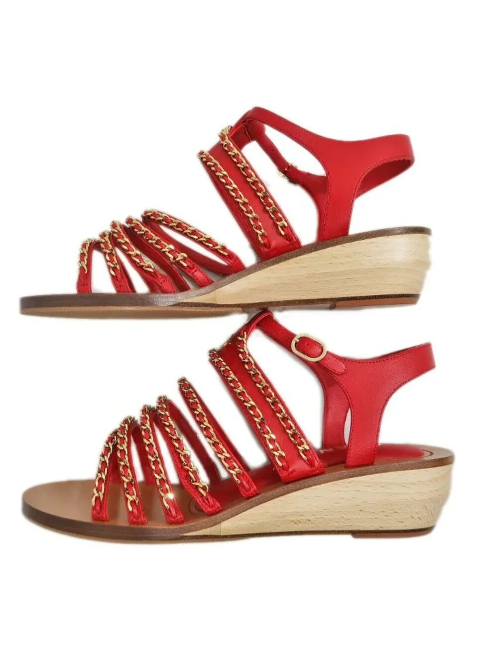 Chanel CC Logo Chain Sandals 38C Brown Red Shoes