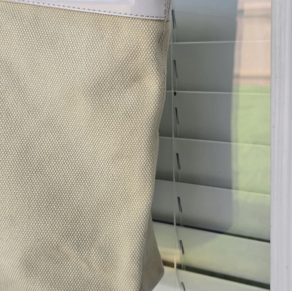 Tory Burch Jane Beige Canvas Tote Leather Purse Handbag Satchel Tan White Logo