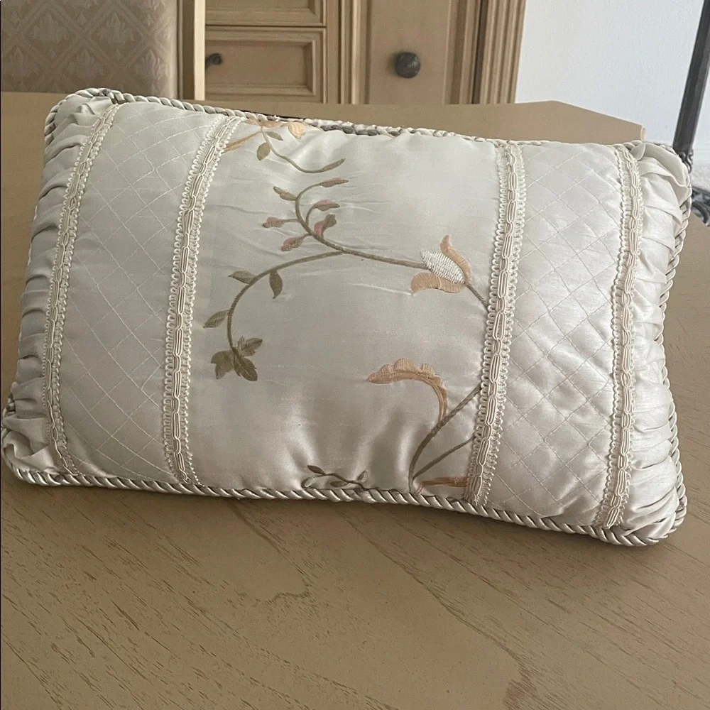 Ivory Embroidered Floral Lumbar Pillow 17x11 Quilted Satin Decorative Accent
