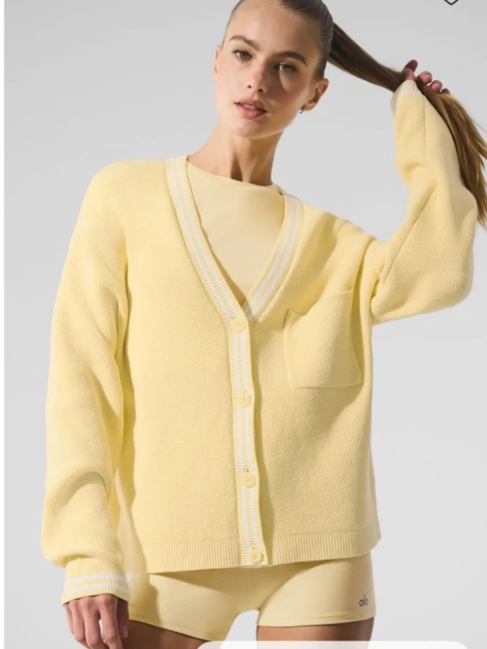 ALO Tennis Club Tennis Club Sweater Knit Cardigan, Butter Yellow, size L