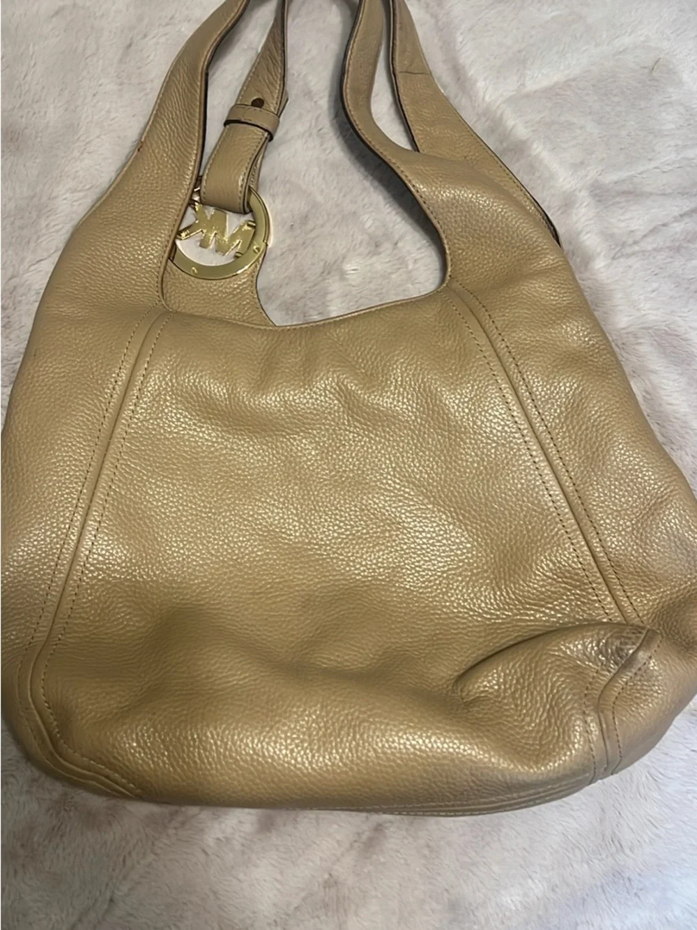 Michael Kors Beige Pebbled Leather Hobo with Gold MK Charm