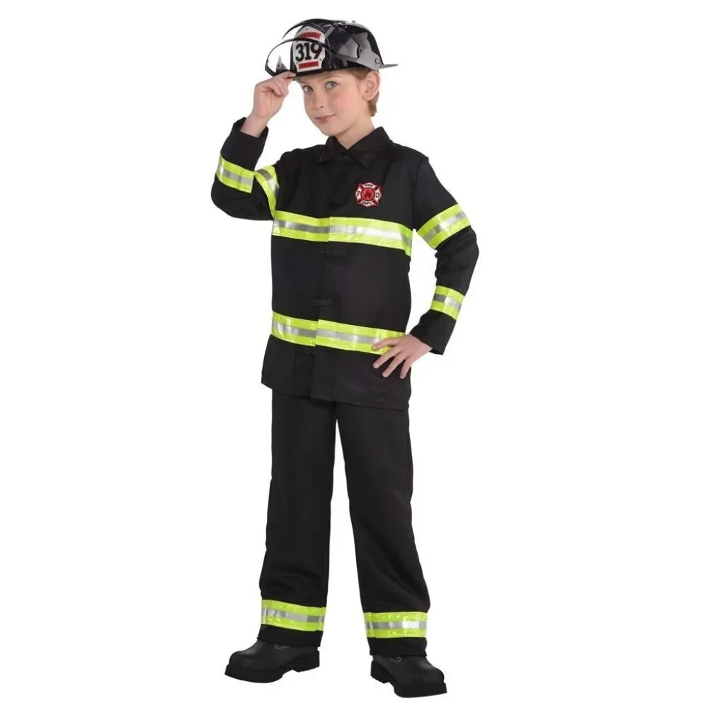 Firefighter Youth Boys Size Medium 8/10 Halloween Dress Up Costume in Black FLAW