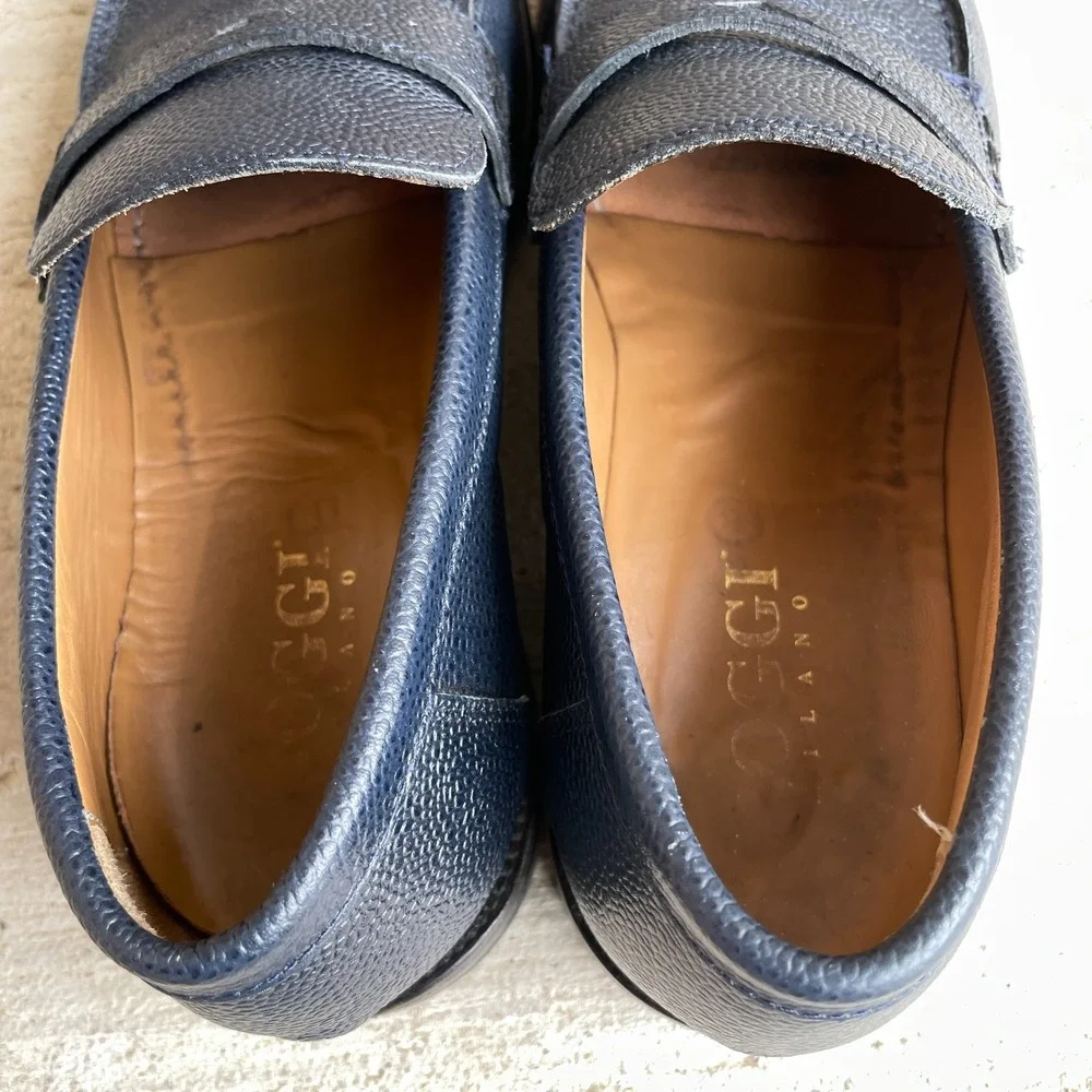 Boggi Milano Men's Size 8.5 Loafers Derby Navy Blue Pebbled Leather Shoes Italy
