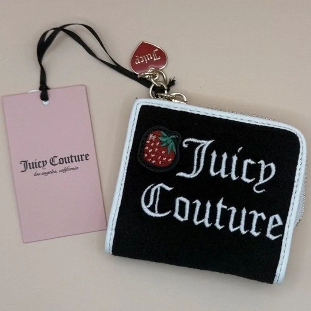 Juicy Couture Sweet Juicy L-Zip Card Case Wallet Black Velour Strawberry‎ NEW