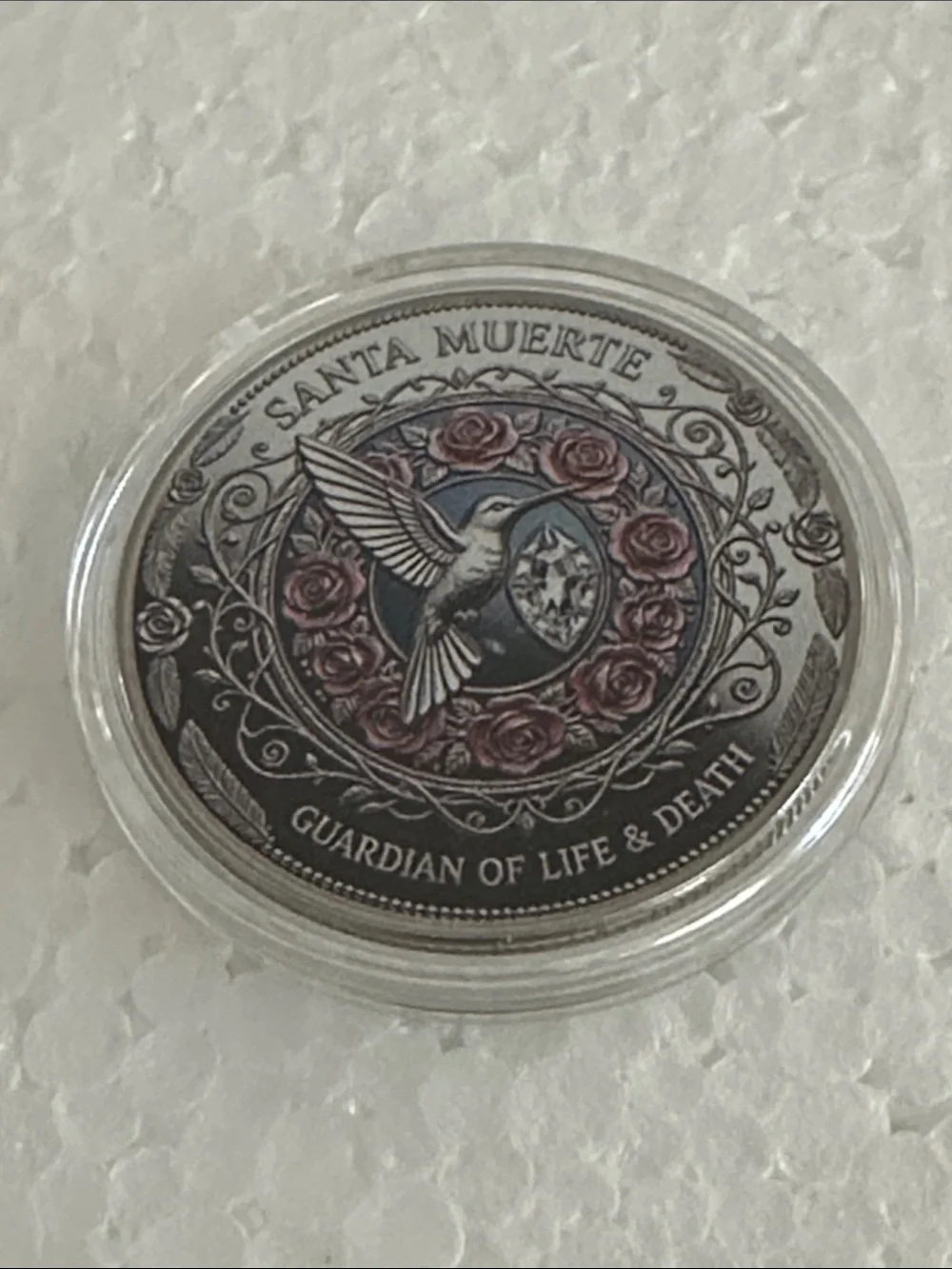 Santa Muerte Decorative Art Collectible Coin- Red & Pink Accent
