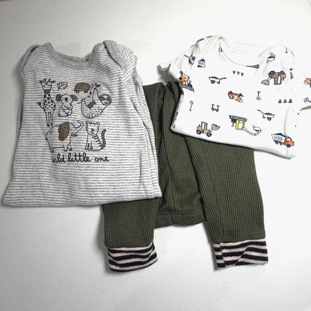Carters Baby Bodysuit Lot & Dreamwear Pants 3M NB 18M Animal Construction Olive
