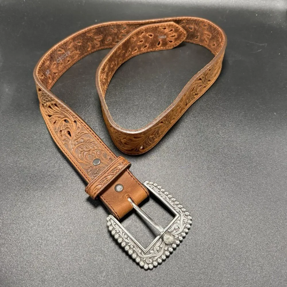 Tony Lama Leather Belt Men's 32 Brown Floral Cutout Western Clasp
