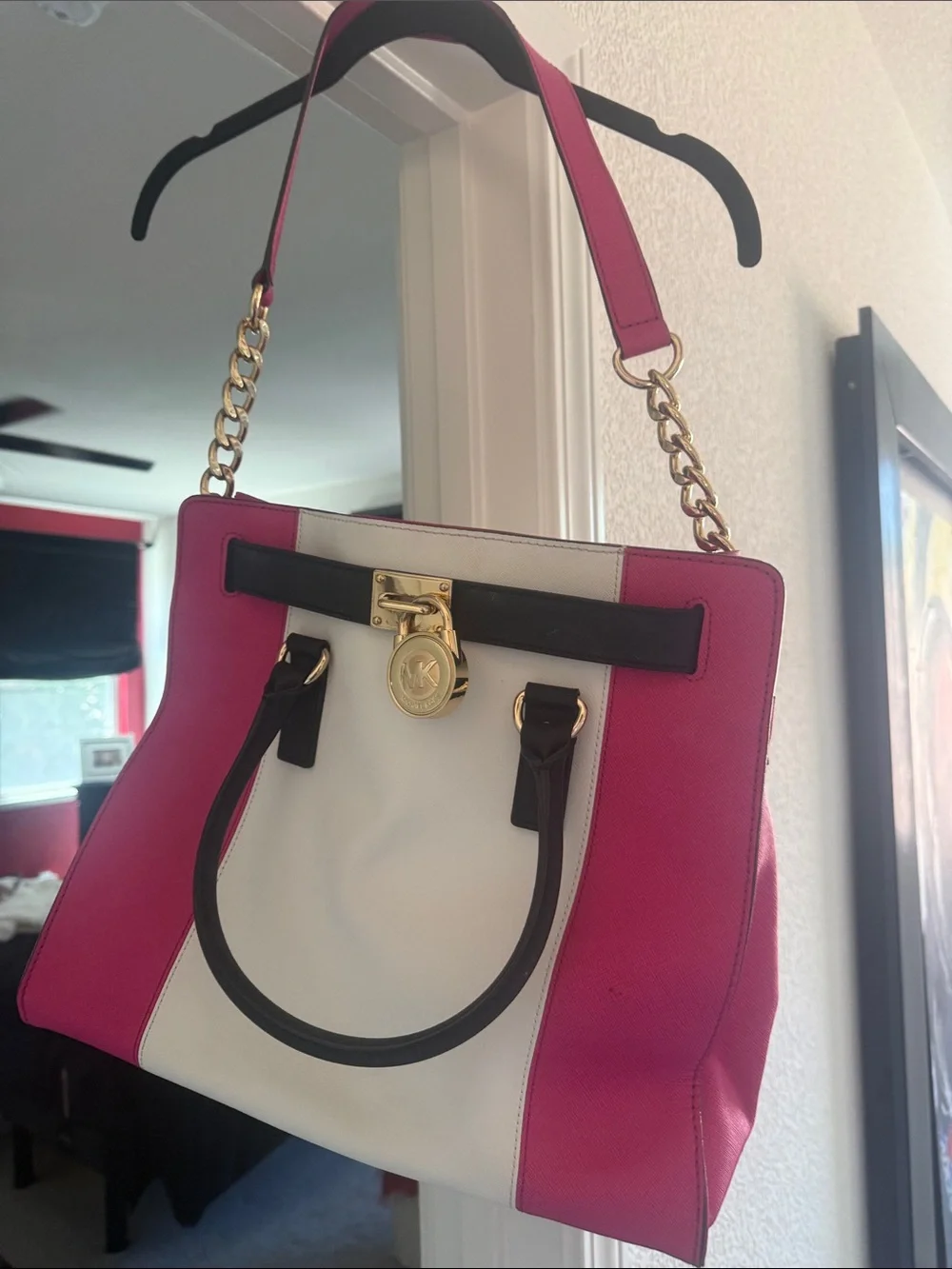 Michael Kors Pink, White & Black Leather Satchel with Gold Hardware !!