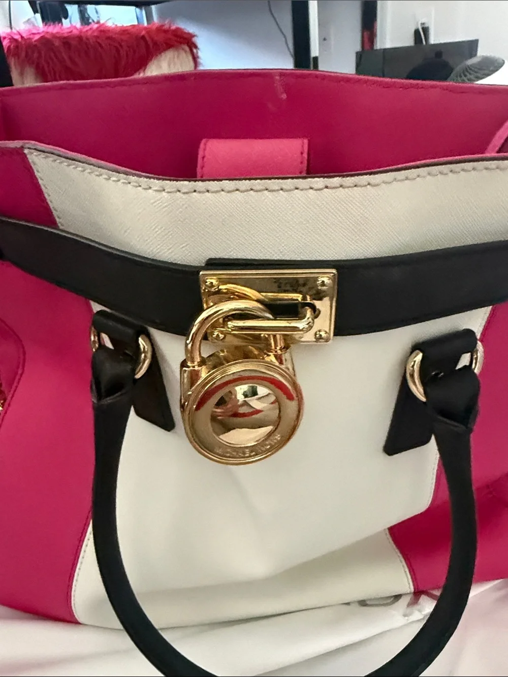 Michael Kors Pink, White & Black Leather Satchel with Gold Hardware !!