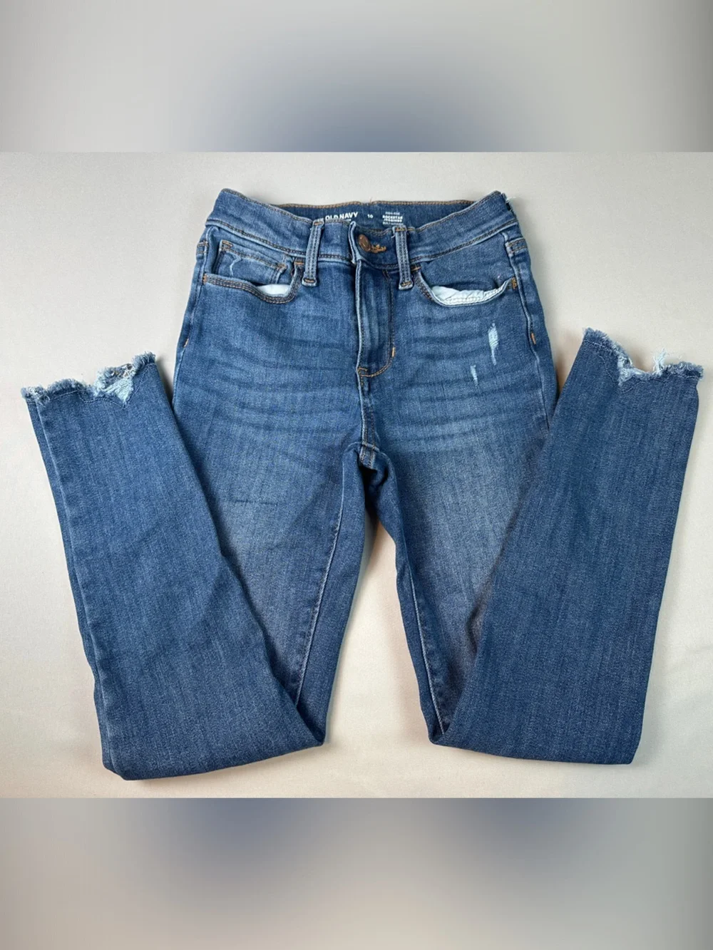 Old Navy Girls Blue Distressed High Rise Jeans Size 10 Rockstar Jegging Raw Hem