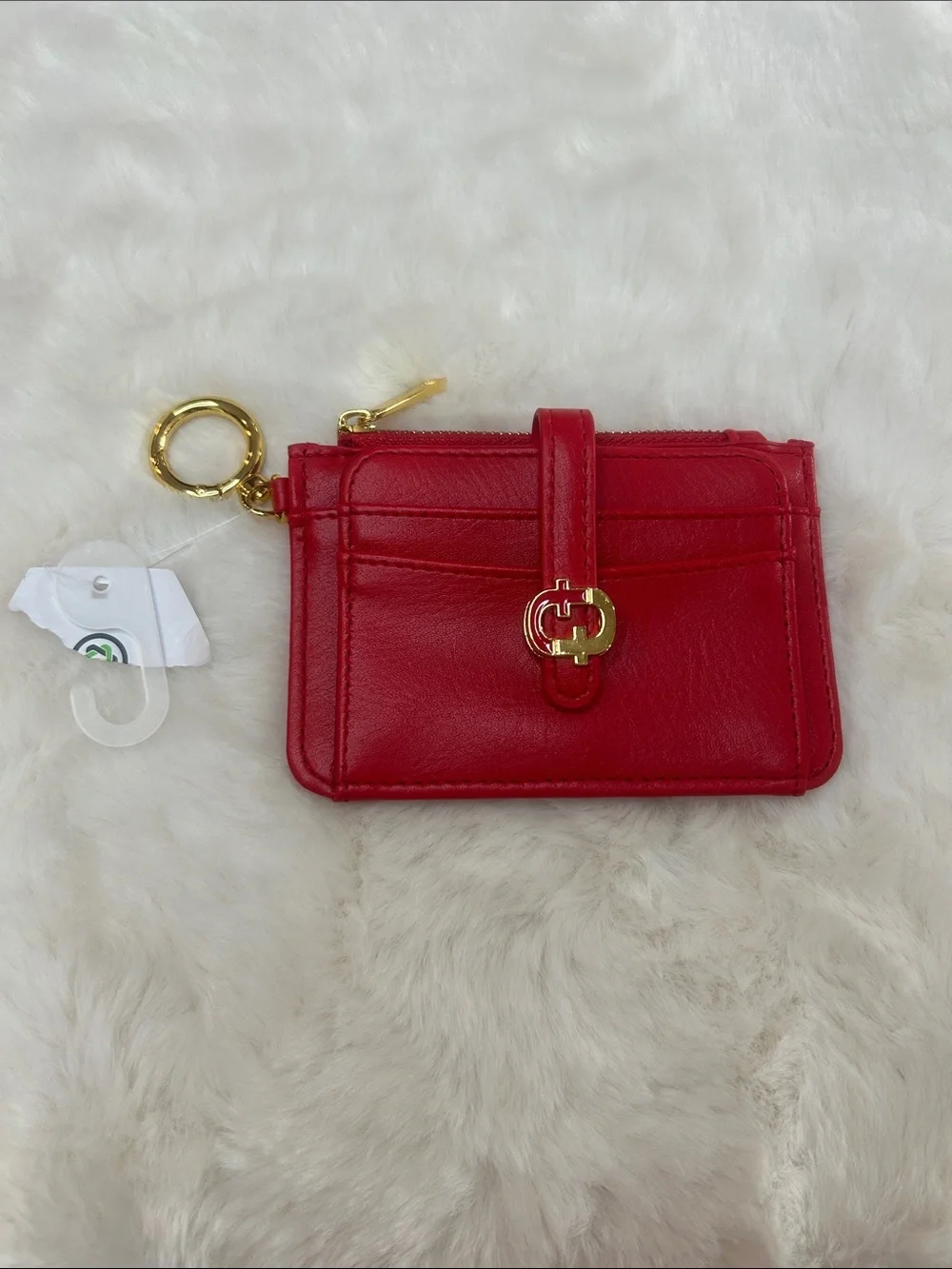 Red Leather Card Wallet Keyring with Gold Hardware