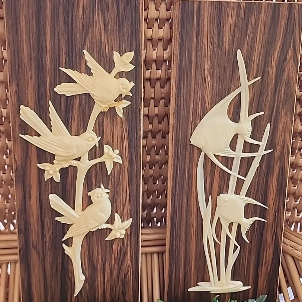 Vtg Plaques Trio Of Celluloid & Wood Panel Wall Art