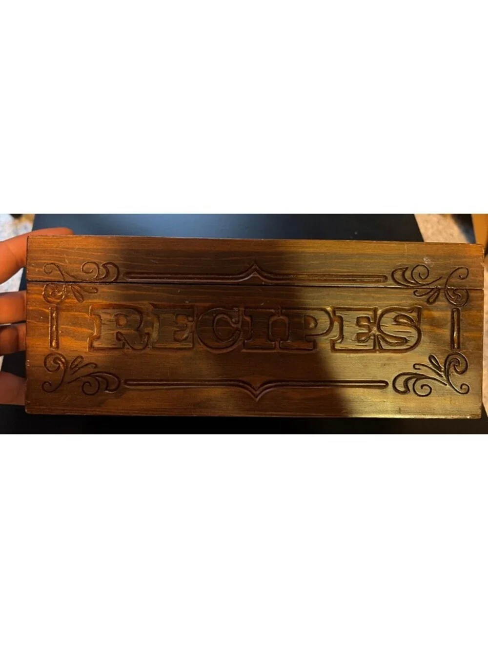 Vintage Hand Carved Wooden Recipe Box 11.5 x 4 x 4.5