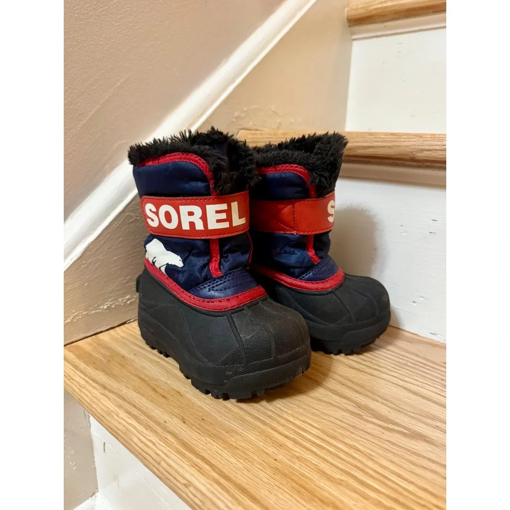 Sorel Kids Snow Commander Navy Blue Red Winter Boots Toddler Size 6