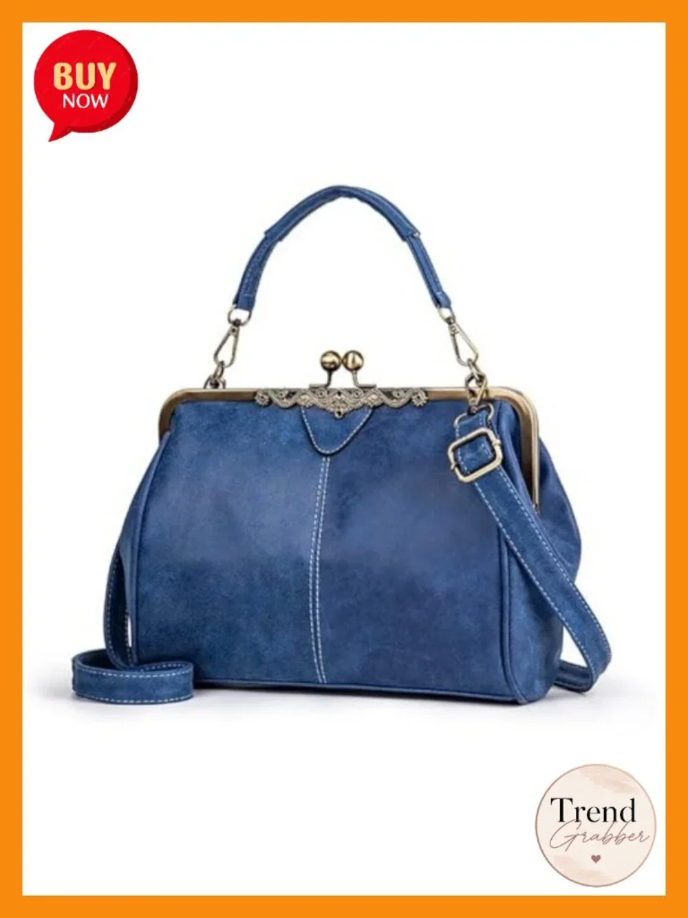 Vegan Leather Satchel Handbag with Kiss Lock, Removable Crossbody Strap