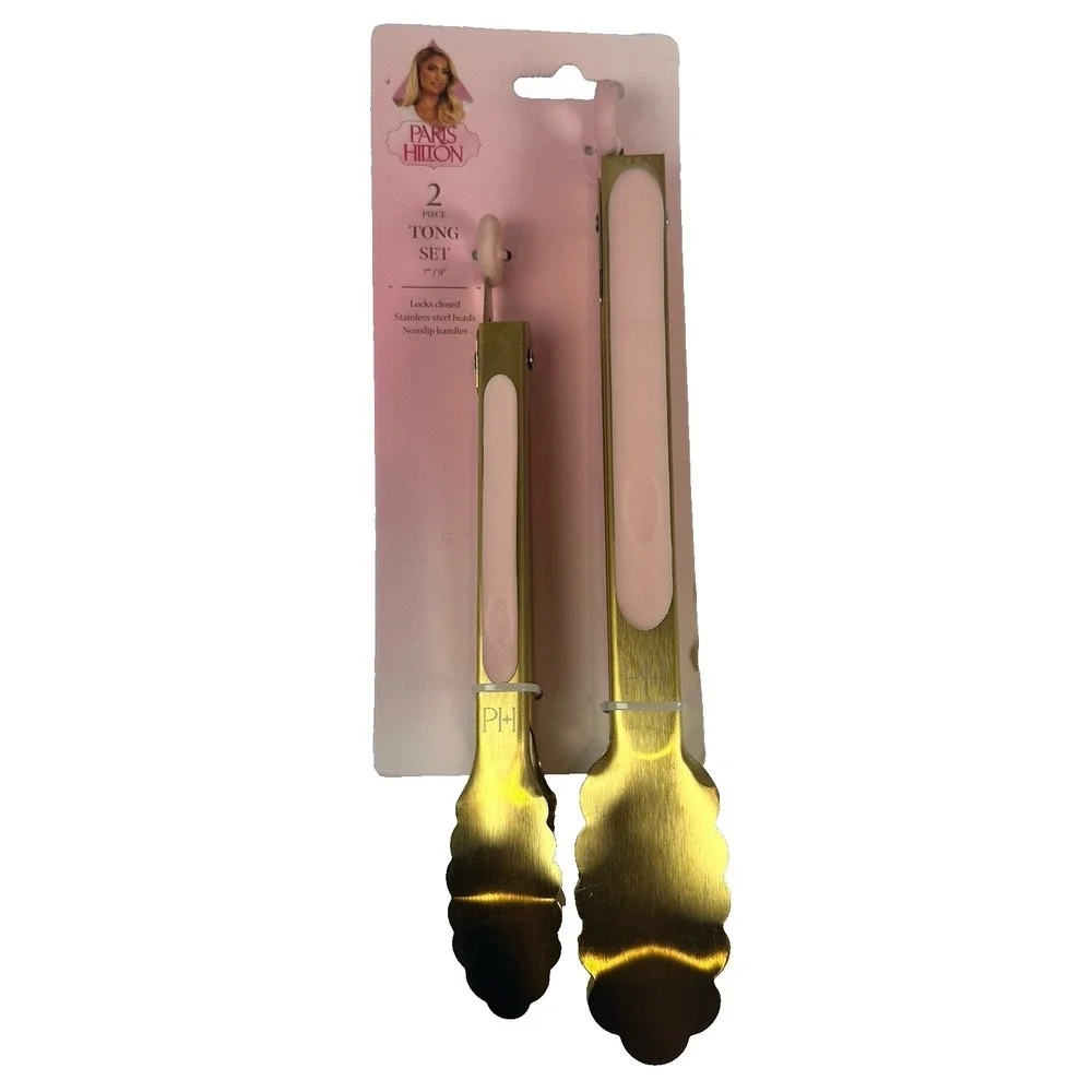Paris Hilton Pink Gold Kitchen Tongs‎ Set 2pc Stainless Steel Utensils New