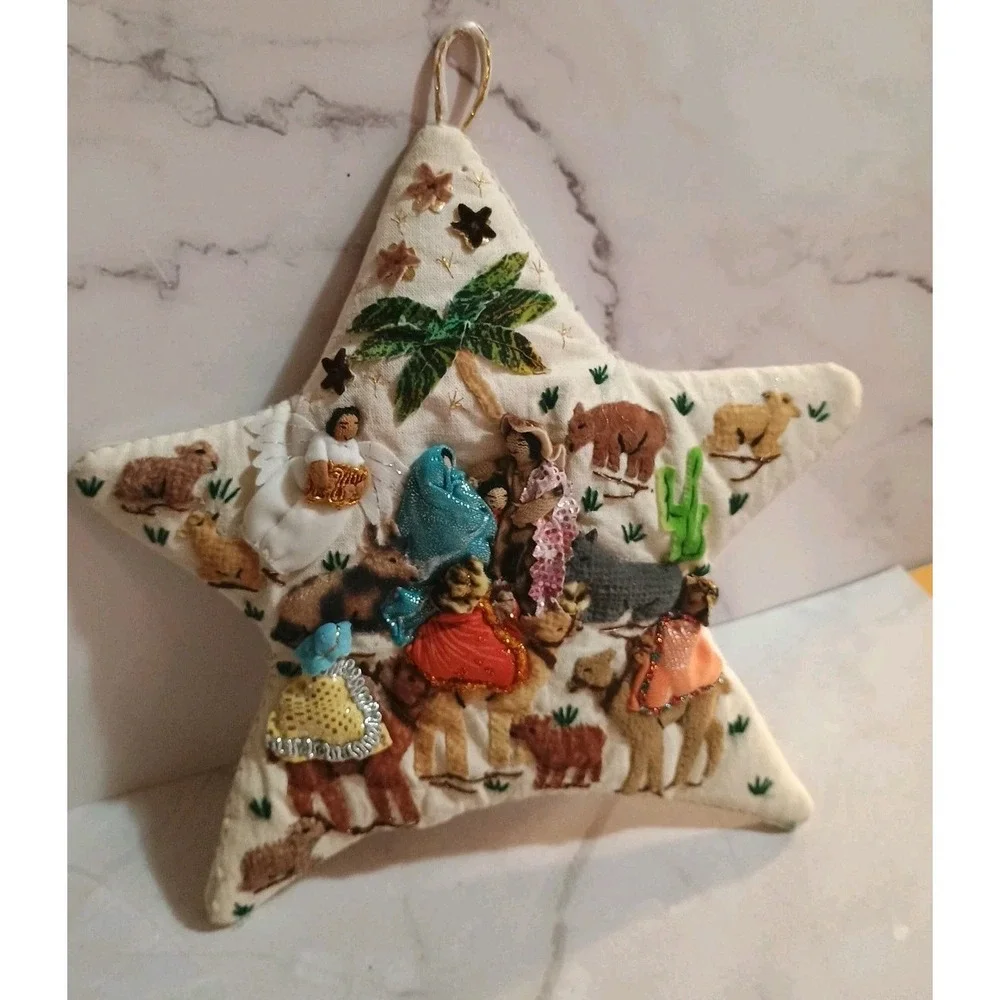Vintage Fabric Nativity Scene Star‎ Tree Topper Metallic Vibrant Color Ornaments