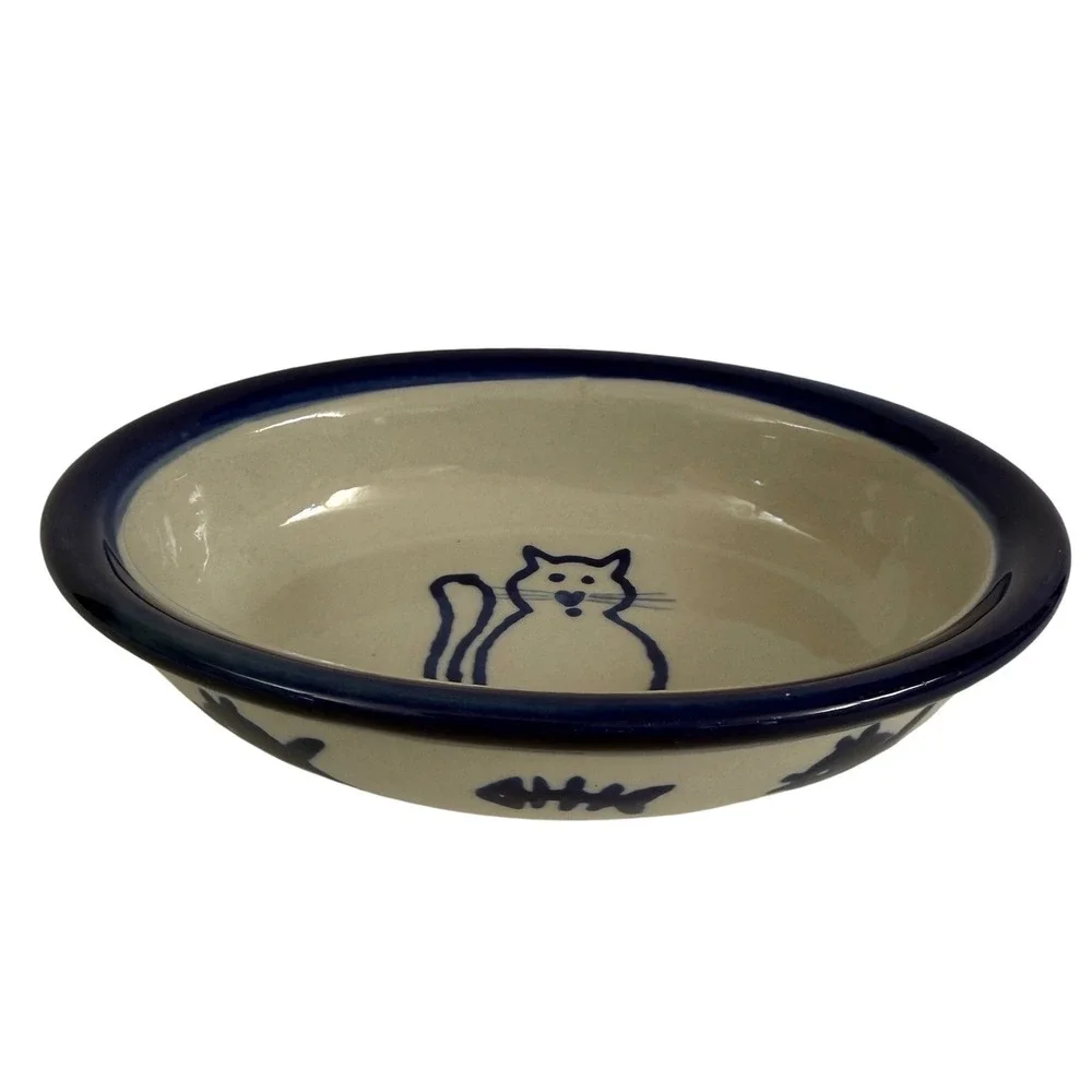 Boots & Barkley Hand Painted Stoneware Cat Food Bowl Blue‎ Fish Oval 6.5