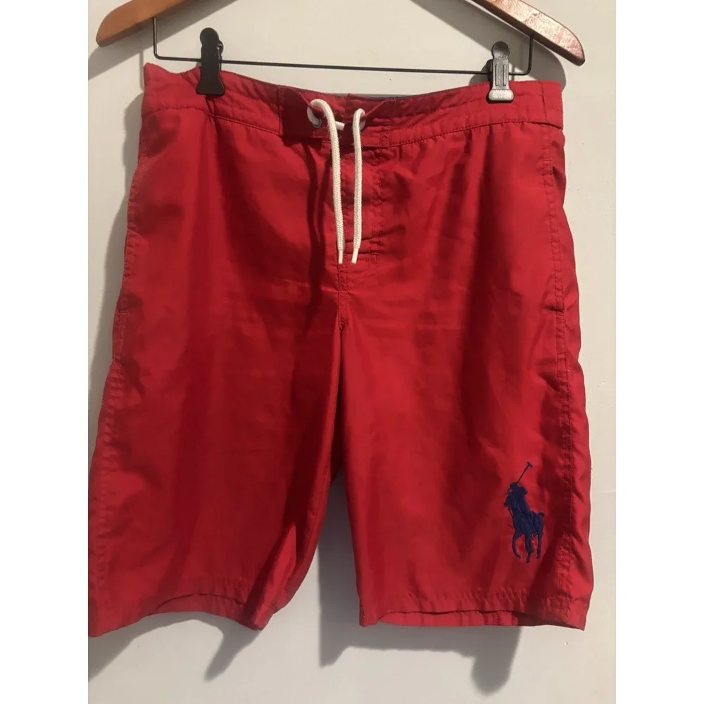 Polo Ralph Lauren Swim Trunk Suit Boys Board Shorts Red Blue Logo Large (14-16)‎