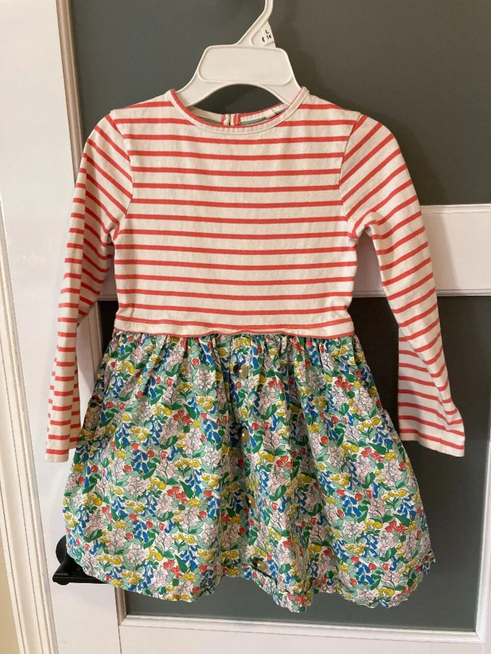 Mini Boden Red Striped Floral hotchpotch Dress 7-8y