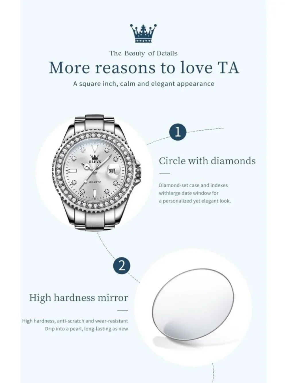 Women's Silver Luxury Diamond with Date Analog Quartz Waterproof Wrist Watch