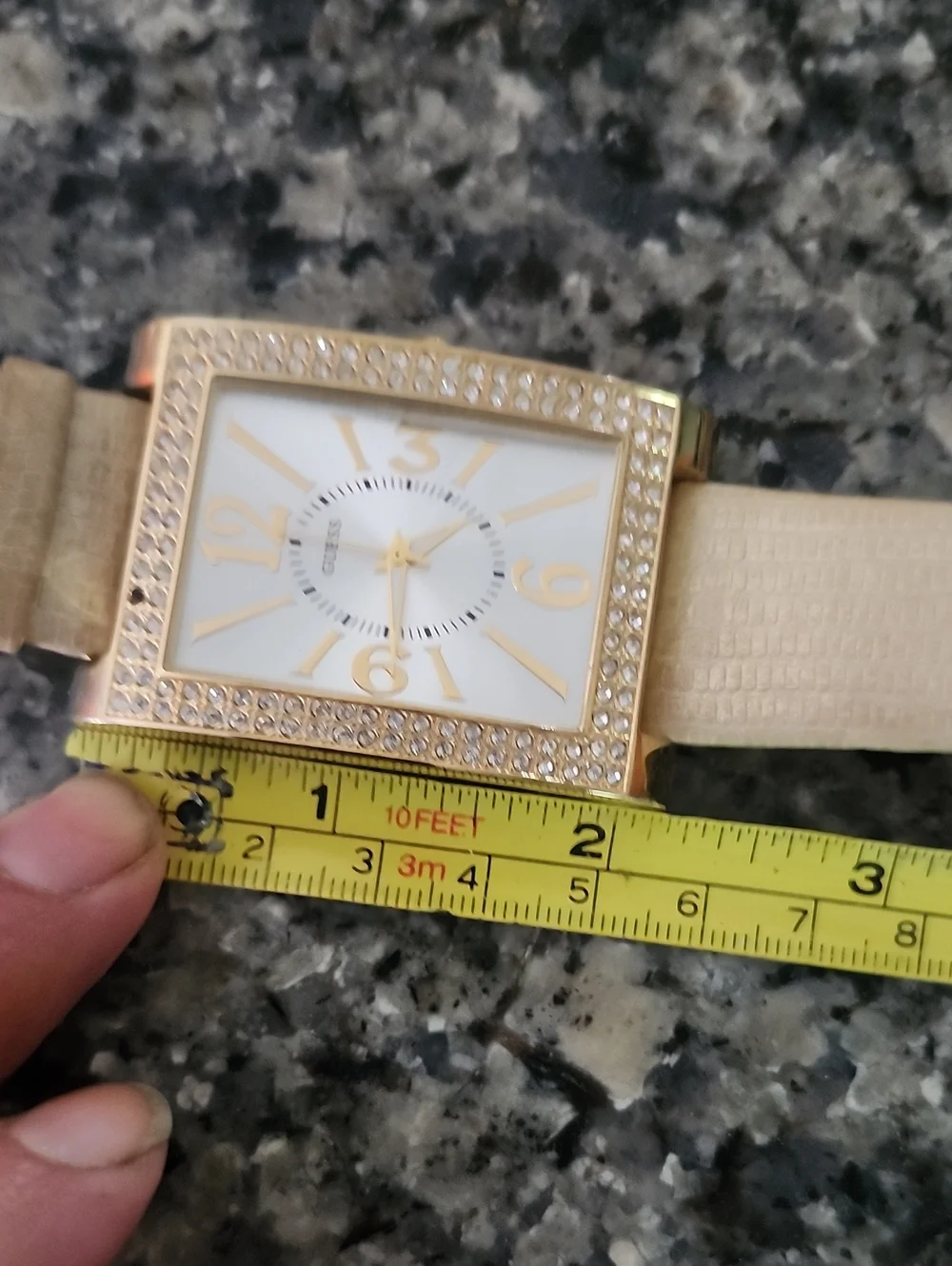 Guess Gold-Tone Swarovski Crystal-Trim Rectangular Watch with Cream Strap