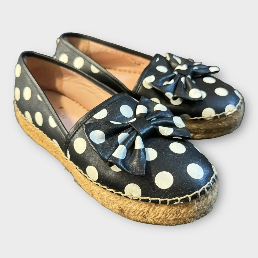 Kate‎ Spade Espadrille Shoes Women's 5.5 Polka Dot Bow Tie Leather Black Flats