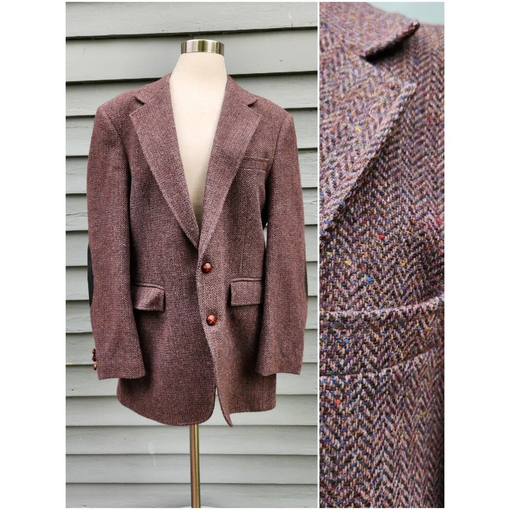 Vintage Foreman & Clark Blazer Purple‎ Brown Herringbone Tweed Elbow Patches Lg
