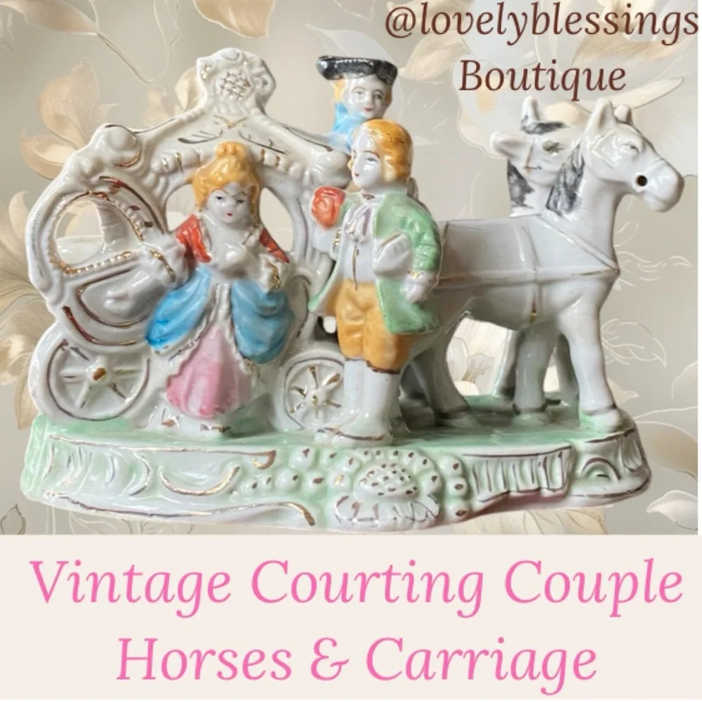 Vintage Courting Couple Horse Carriage Antique Porcelain Figurine Made in Japan