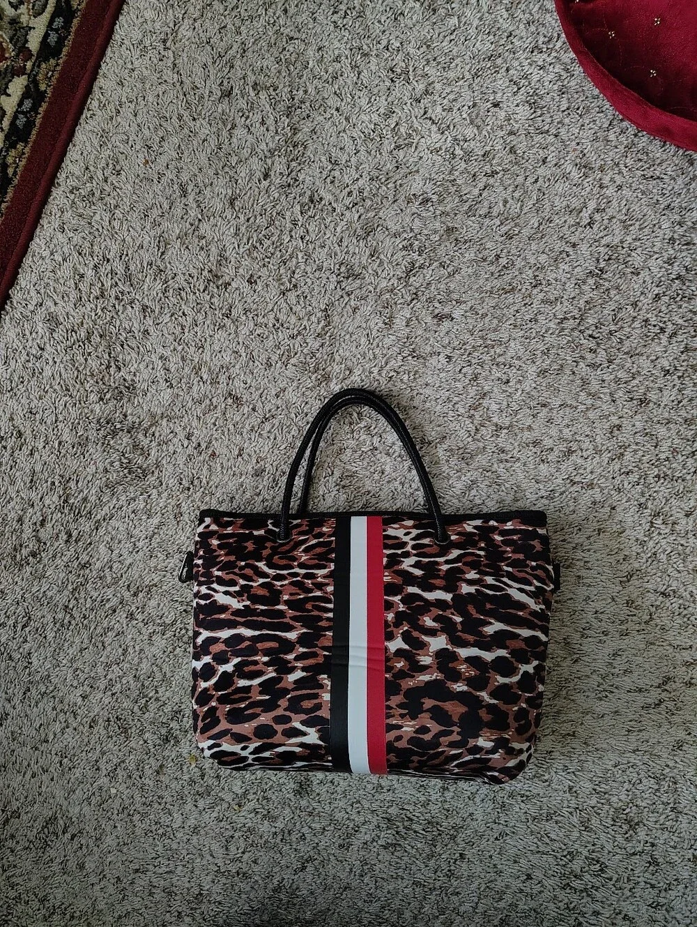 Leopard Print Tote Bag with Red & Black Stripe haute Shore