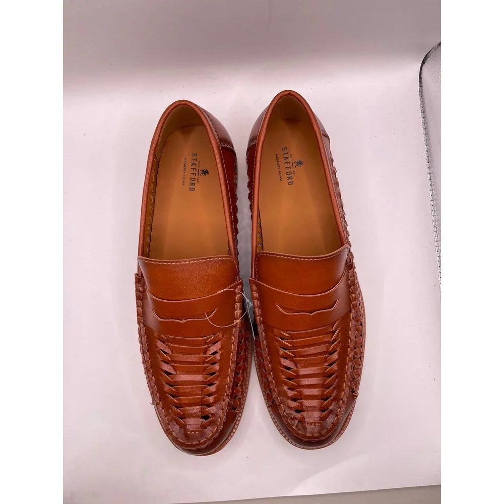 Stafford Barolo Cognac Woven Penny Loafers Mens 10 M Memory Foam Slip On Shoes