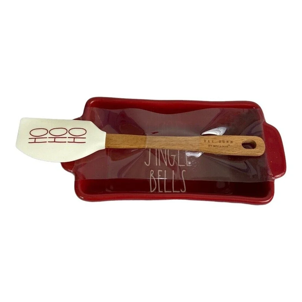 Rae Dunn Christmas JINGLE Mini Loaf Pan Baking Dish Red w/ Spatula Ho Ho Ho NEW