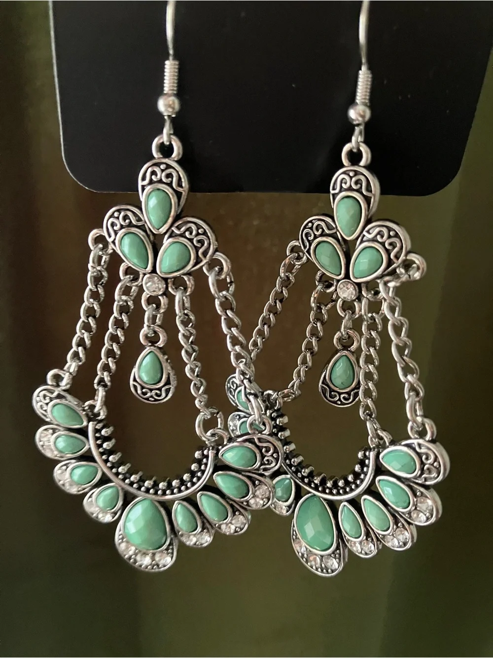 Green bead and crystal rhinestone chandelier earrings