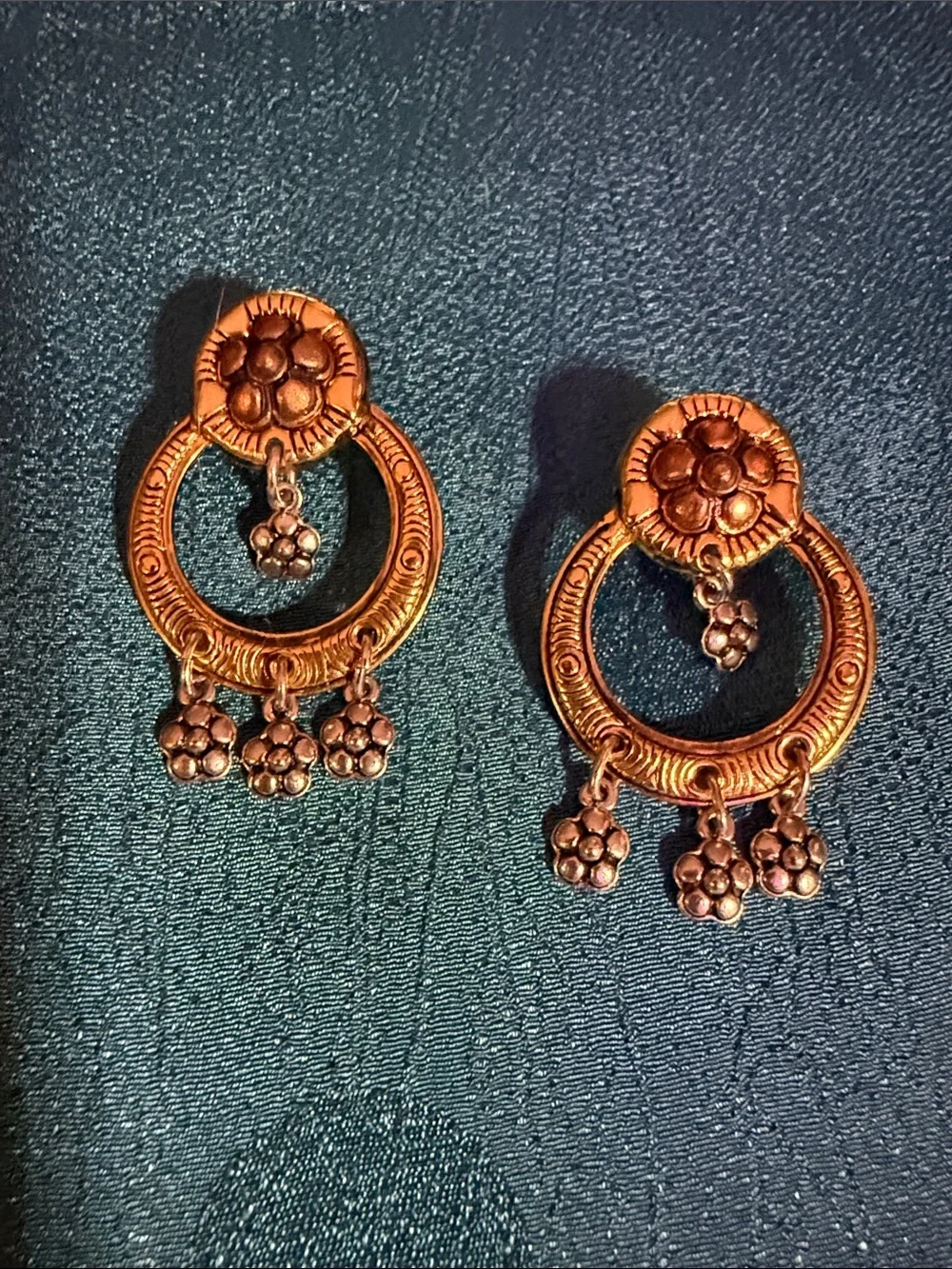 Antique-Style Floral Hoop Drop Earrings in Copper