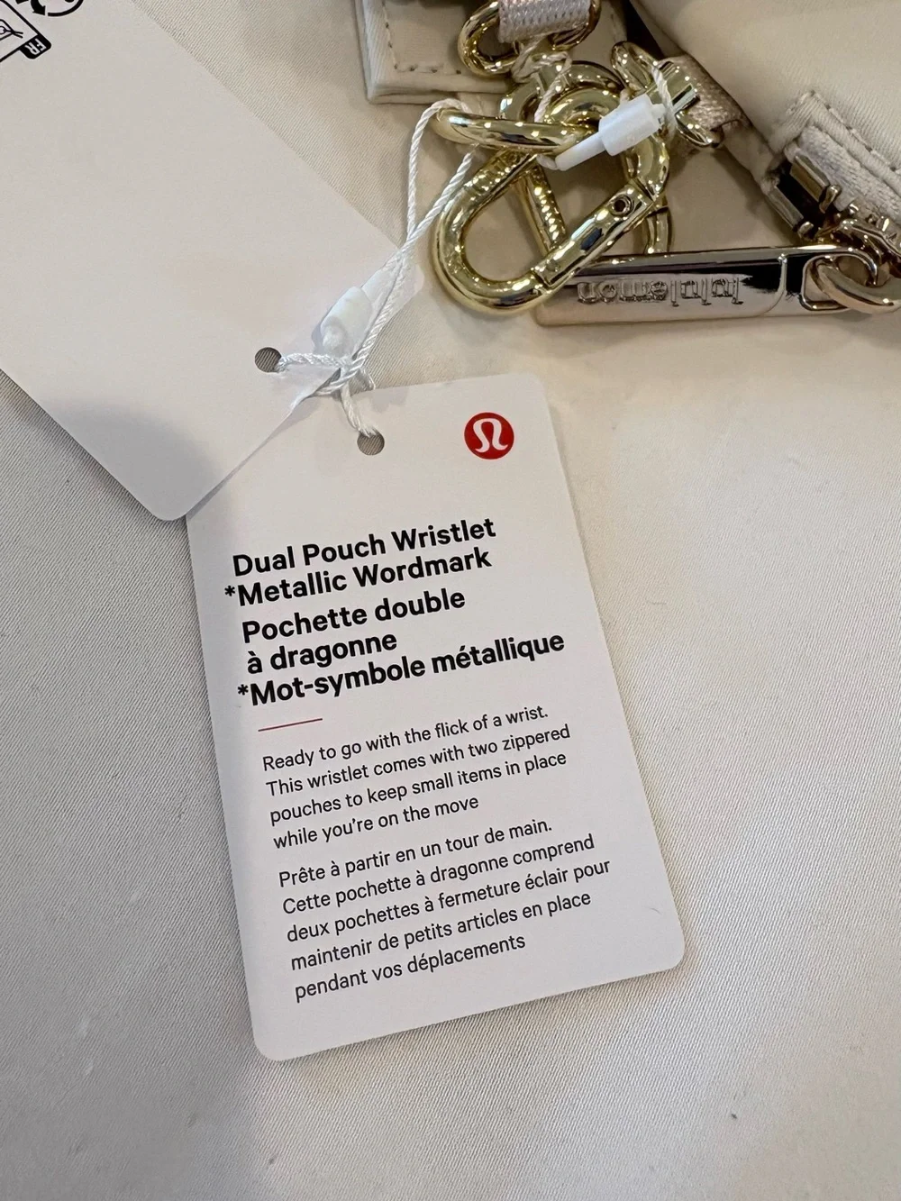 NWT Lululemon Dual Pouch Wristlet Metallic Wordmark Light Ivory Gold Cream