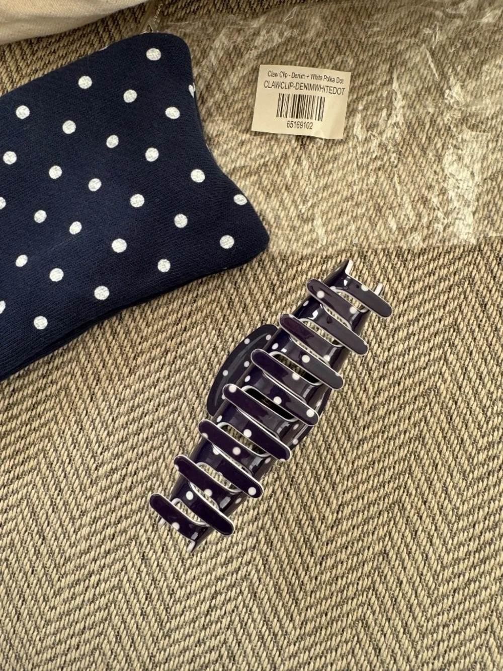 Parke Polka Dot Claw Clip Set of 3 Denim Blue White Black Hair Accessories w bag