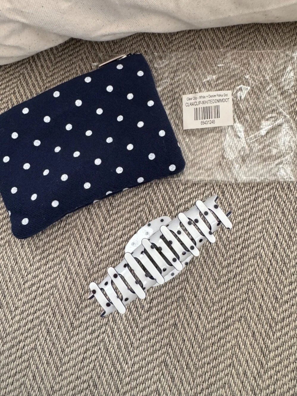 Parke Polka Dot Claw Clip Set of 3 Denim Blue White Black Hair Accessories w bag