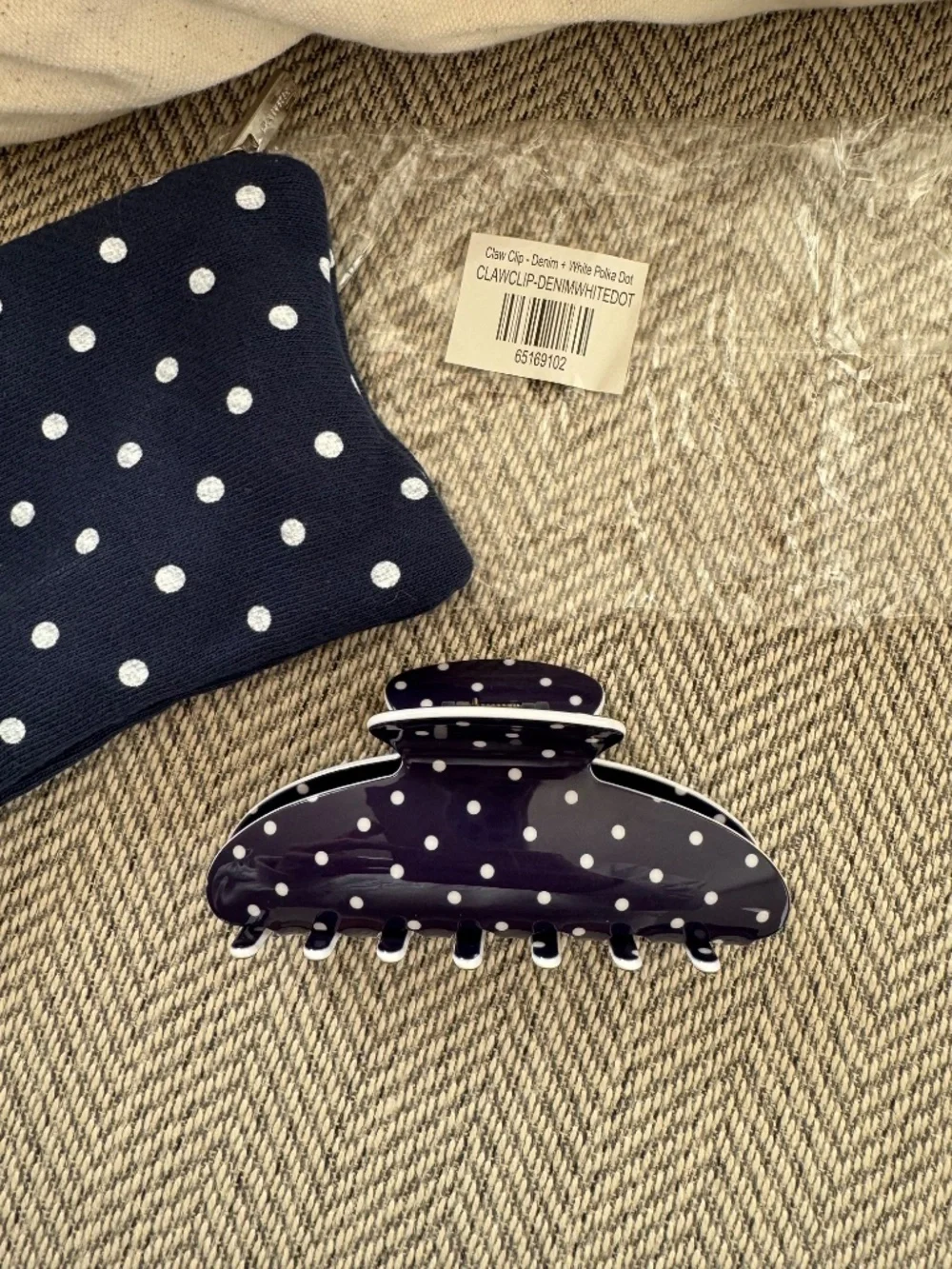Parke Polka Dot Claw Clip Set of 3 Denim Blue White Black Hair Accessories w bag