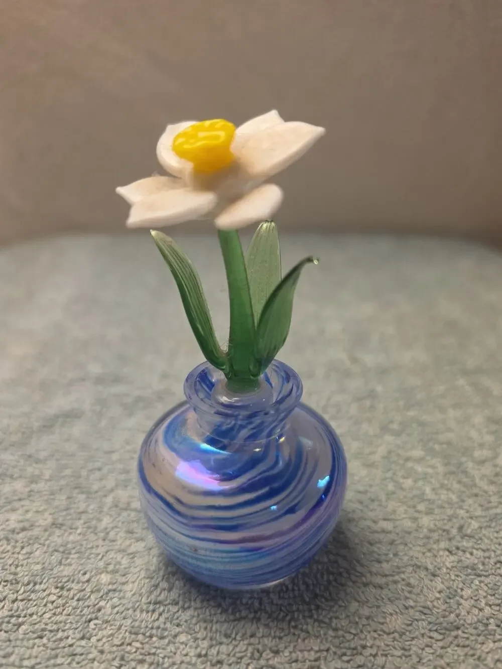 Hand Blown Art Glass Miniature Daffodil Flower Swirl Vase Lampwork Sculpture 4