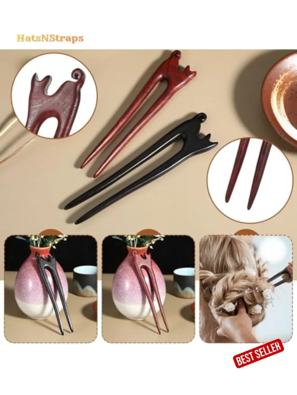 Handmade Carved Wood Hair Sticks French Hair Forks Cat Design U-Shape 2-Prong