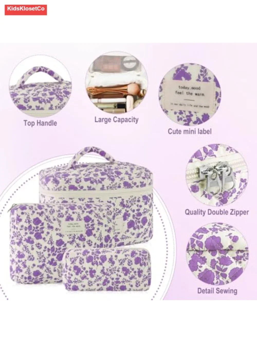 Quilted Cotton Makeup Bag Set of 3 Travel Cosmetic Organizer